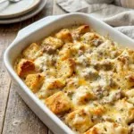 Biscuits and Gravy Casserole served hot in a golden baking dish, perfect for Breakfast Recipes For Family and cozy weekend mornings.