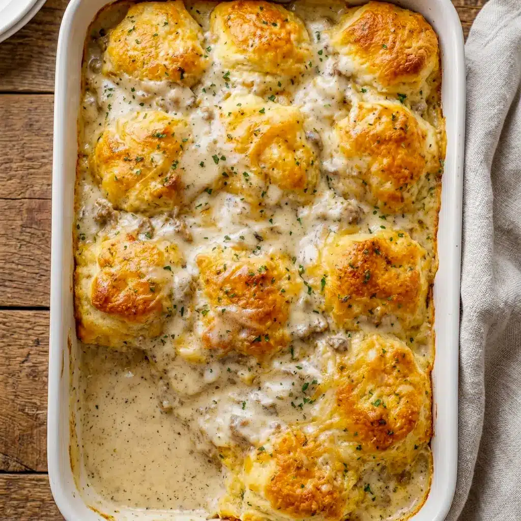 Biscuits and Gravy Casserole with creamy sausage gravy, ideal for Breakfast Ideas For 8 People when you need to feed a crowd.