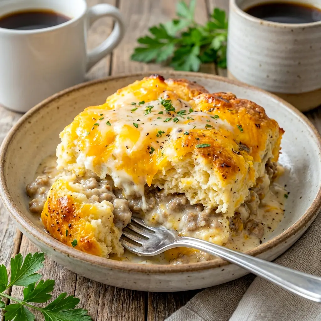 Biscuits and Gravy Casserole baked until bubbly, one of the easiest Breakfast Dish Ideas for a hearty morning meal.