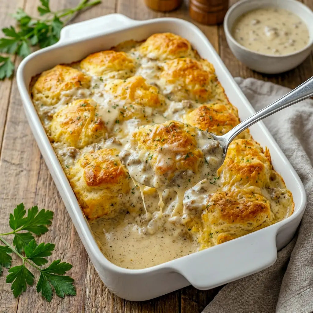 Biscuits and Gravy Casserole topped with melty cheese and sausage, a classic choice for Breakfast Meat Dishes.
