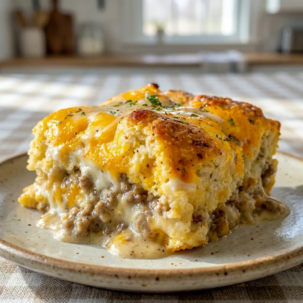 Biscuits and Gravy Casserole made simple and satisfying, a Quick Breakfast Recipe that also fits Crowd Pleasing Breakfast Recipes.