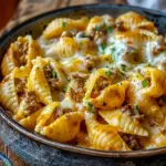 Crockpot Cheesy Ranch Beef Pasta Shells served in a cozy bowl, featuring creamy sauce and Shell Pasta Recipes comfort for an easy family dinner.