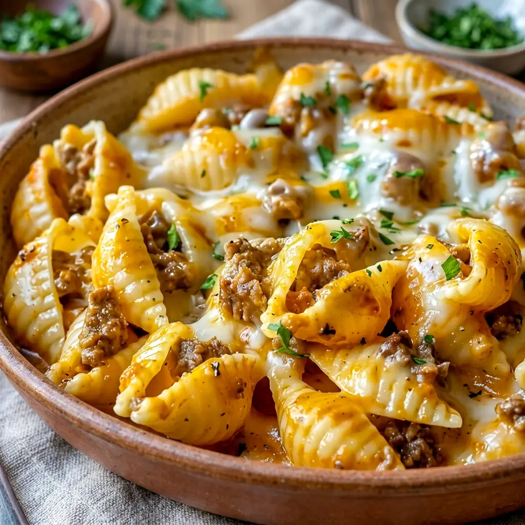 A warm, cheesy skillet view of Crockpot Cheesy Ranch Beef Pasta Shells with rich flavor inspired by Cheesy Ranch dinner favorites.