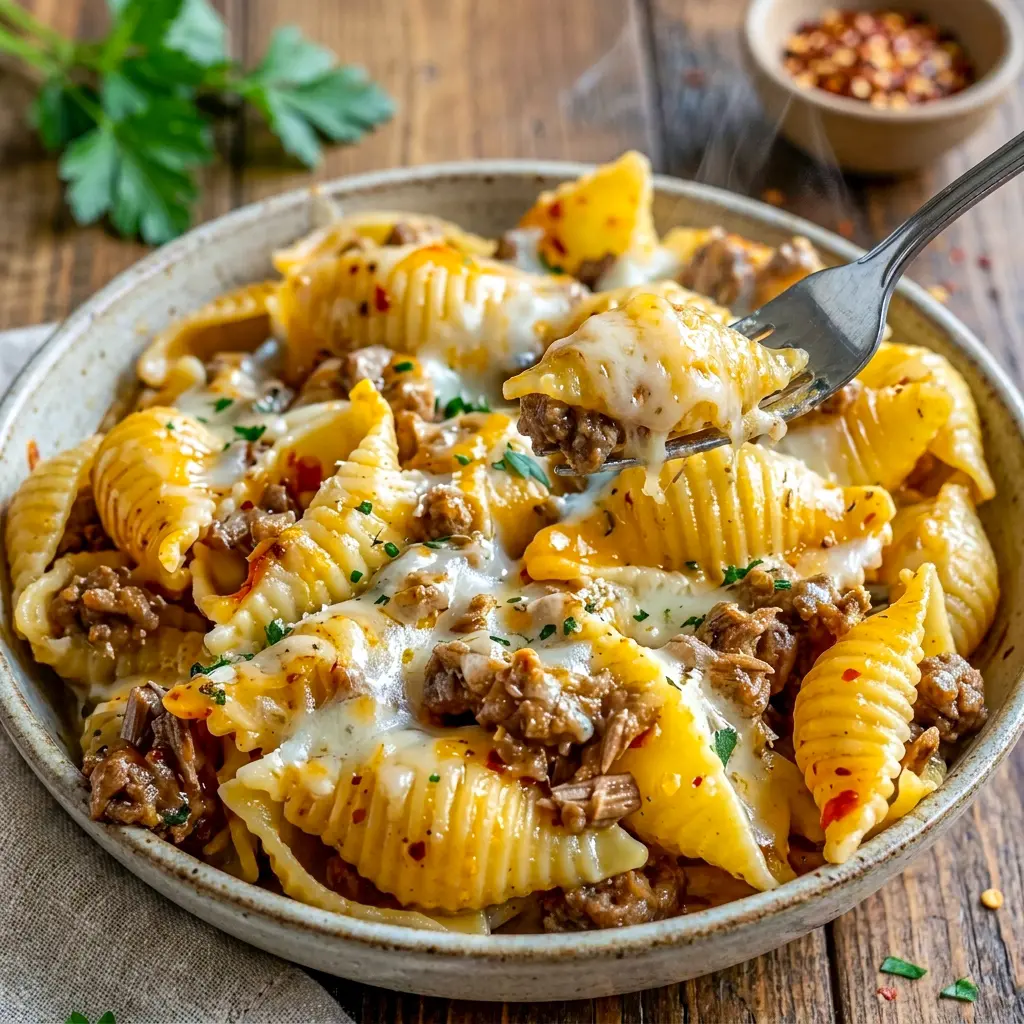 Slow-cooked Crockpot Cheesy Ranch Beef Pasta Shells topped with melted cheese, perfect for Beef Pasta Recipes fans who love hearty meals.