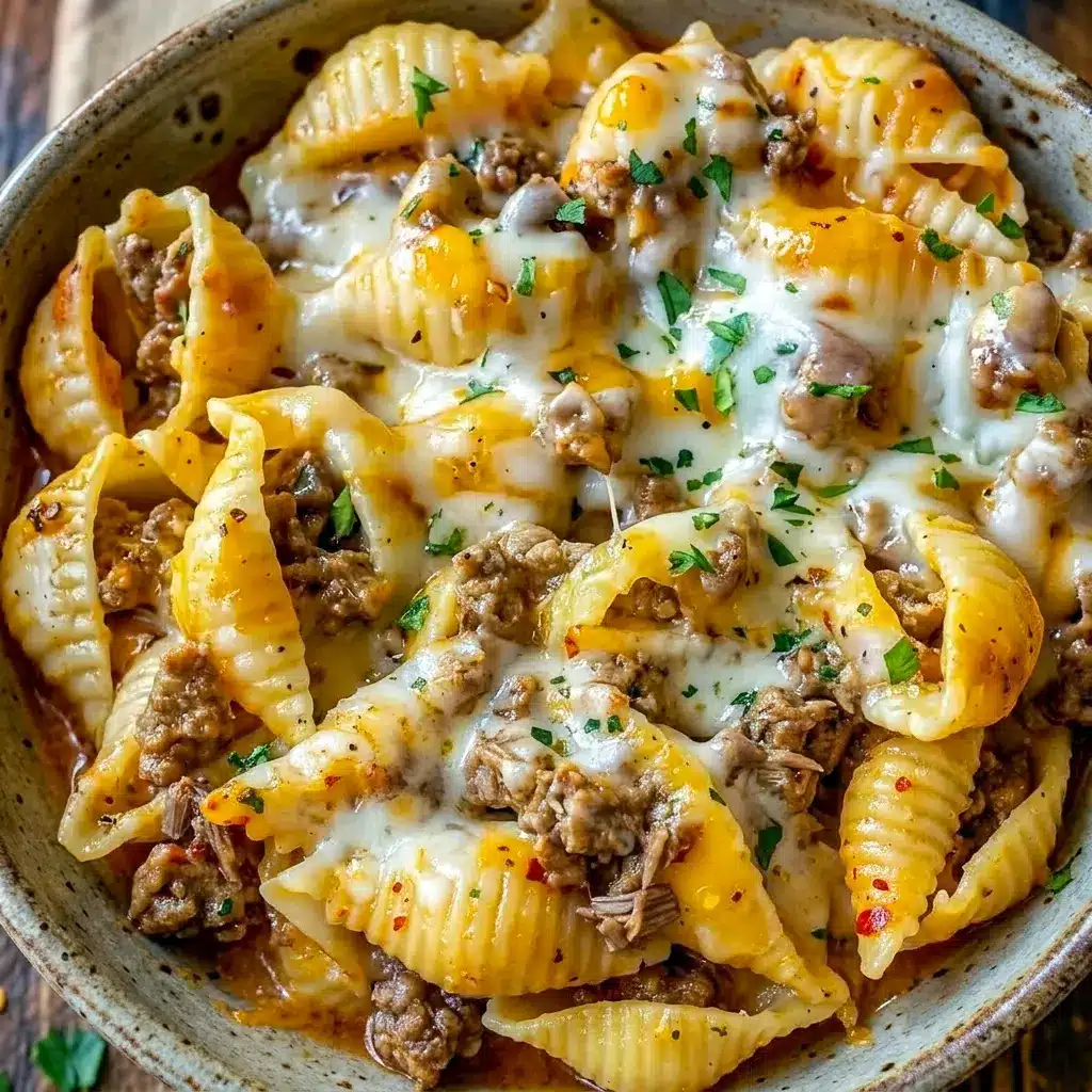 Creamy Crockpot Cheesy Ranch Beef Pasta Shells in a family-style serving dish, made for Easy Crockpot Dinners on busy weeknights.