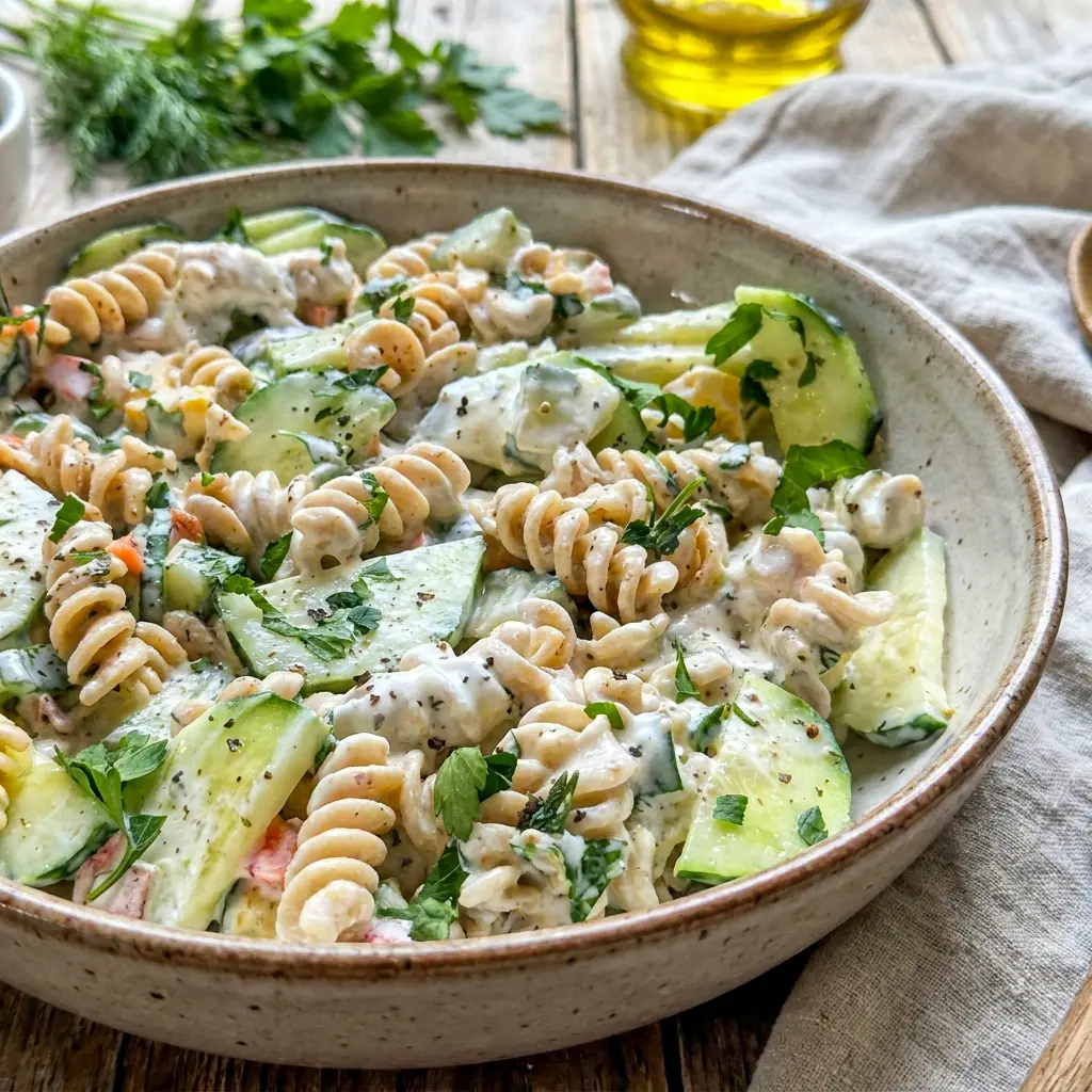 Tzatziki Pasta Salad served cold with herbs and cucumbers, an easy Taziki Pasta idea for summer.