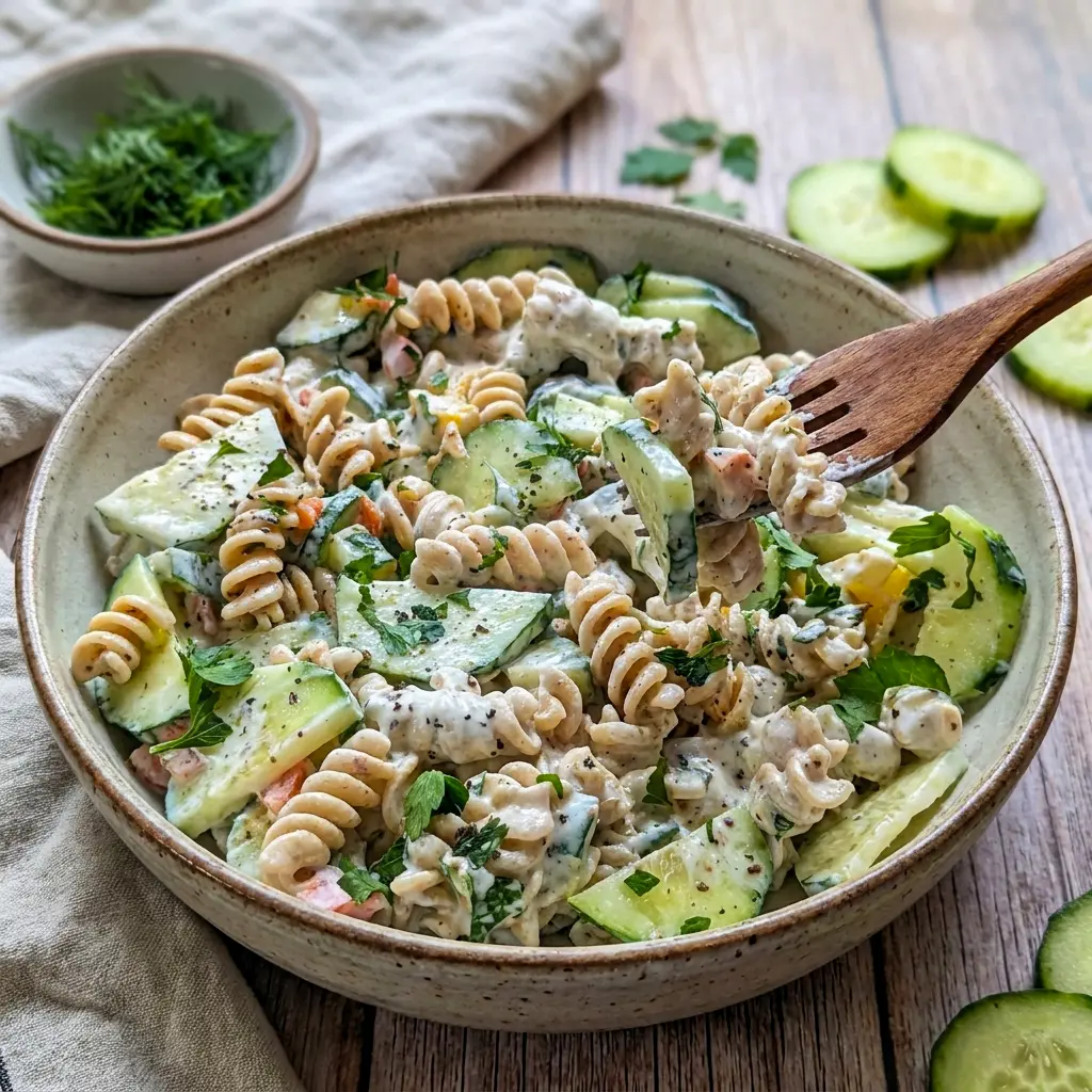 Fresh Tzatziki Pasta Salad styled as one of those Aesthetic Easy Recipes for a pretty potluck table.