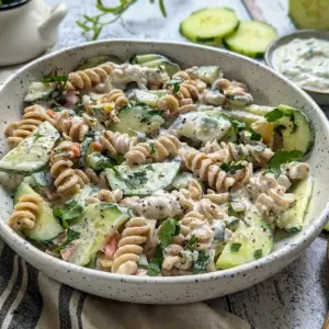 A bright bowl of Tzatziki Pasta Salad with crisp veggies, perfect for Tzatziki Vegetarian meal inspiration.