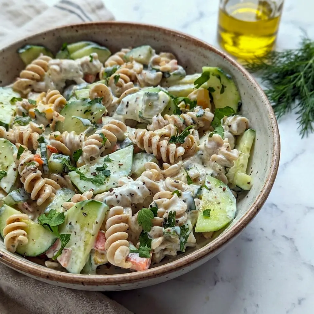 Tzatziki Pasta Salad packed with vegetables and creamy dressing, a refreshing choice for Cold Lunch Sides.