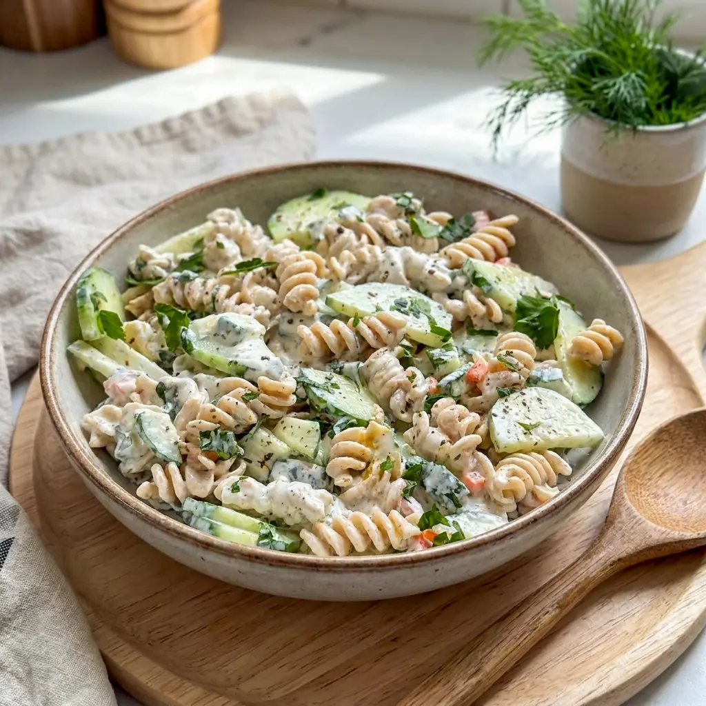 A chilled dish of Tzatziki Pasta Salad that fits Healthy Potluck Dishes and Vegetarian Pasta Salads.