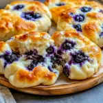 Bright and airy Fluffy Cottage Cheese Blueberry Cloud Bread served as a Single Serving Bread with fresh blueberries on top.
