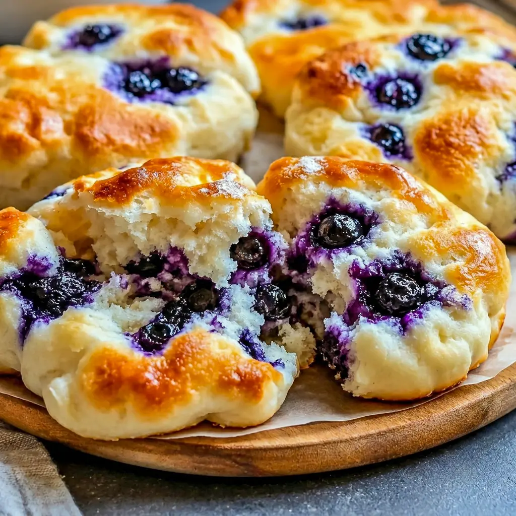 Bright and airy Fluffy Cottage Cheese Blueberry Cloud Bread served as a Single Serving Bread with fresh blueberries on top.