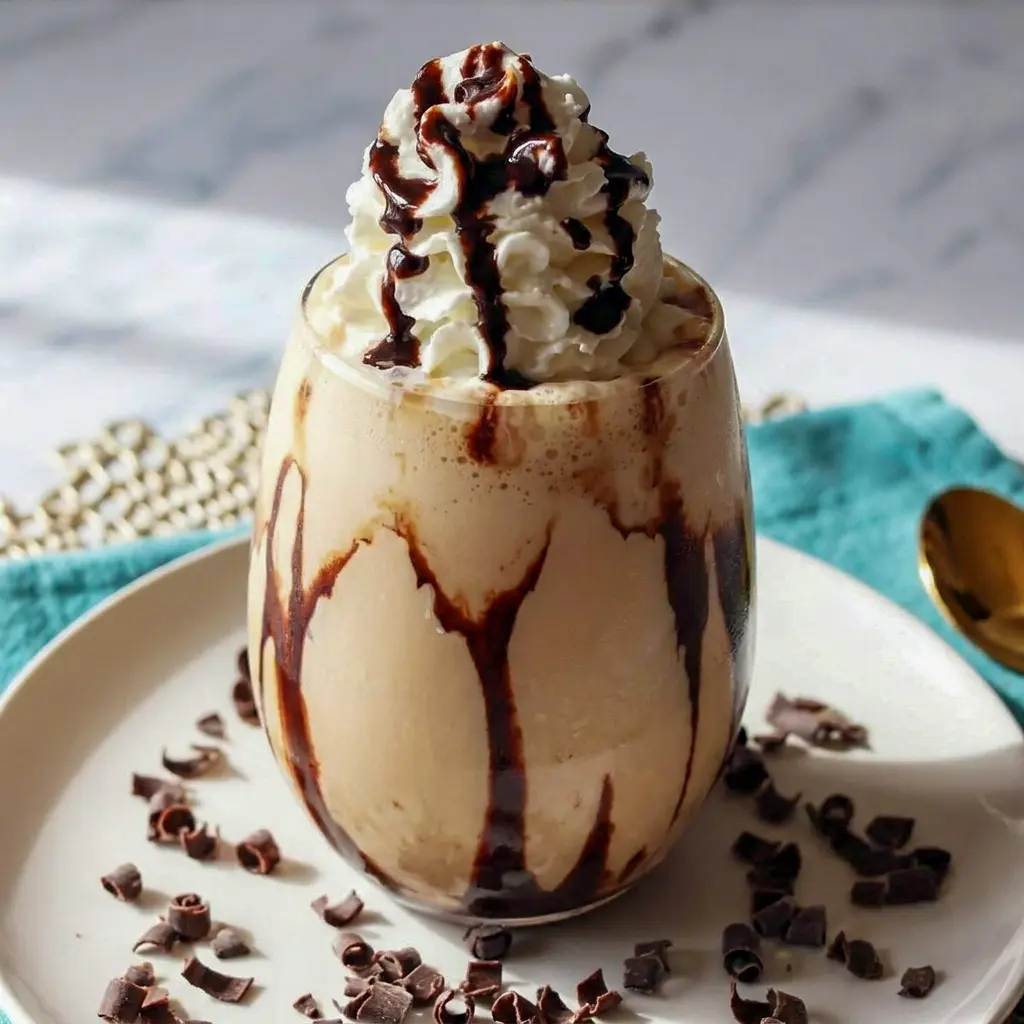 A chocolate-swirled glass of Frozen Mudslides with whipped cream on top, a dreamy Frozen Drink Recipes treat.