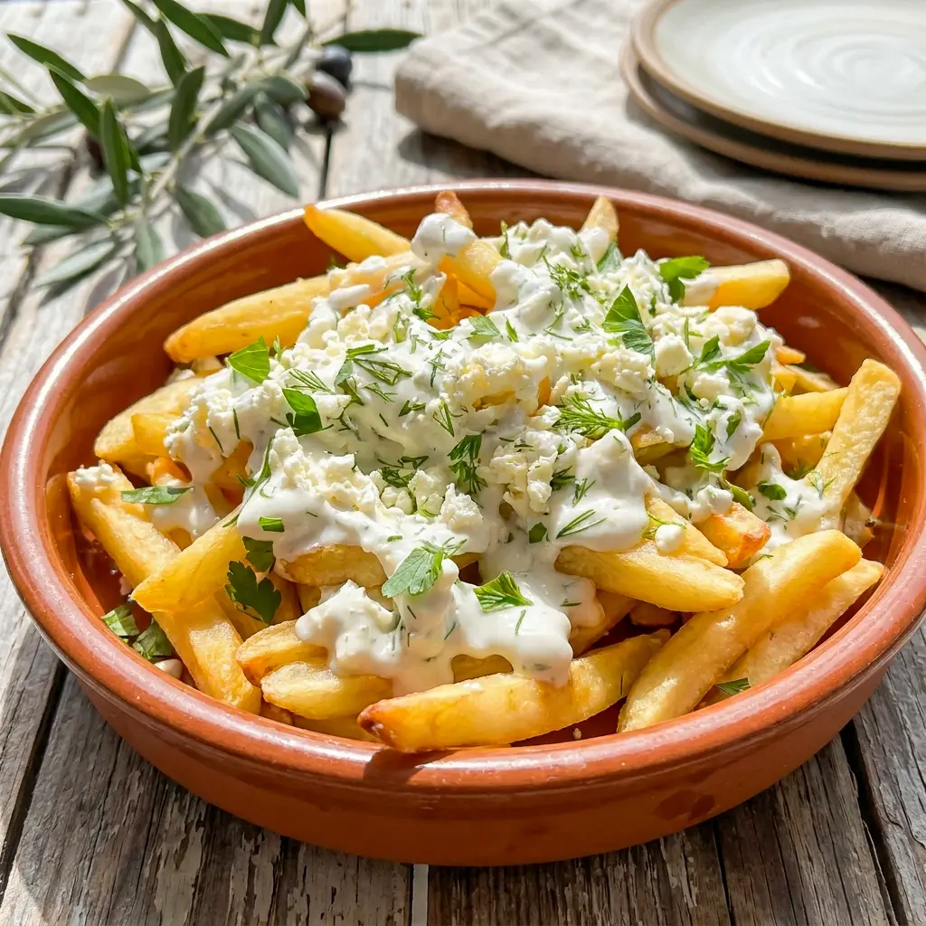 Greek Fries with Feta Cheese loaded with salty feta and perfect for Things To Make With Feta when you need an easy appetizer.