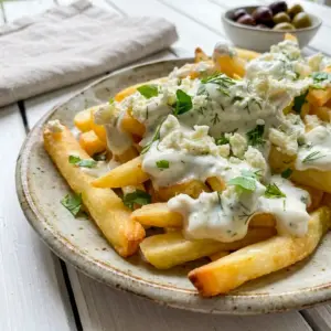 Greek Fries with Feta Cheese piled high with crispy potatoes and a creamy Greek Feta Cheese Recipes style topping.
