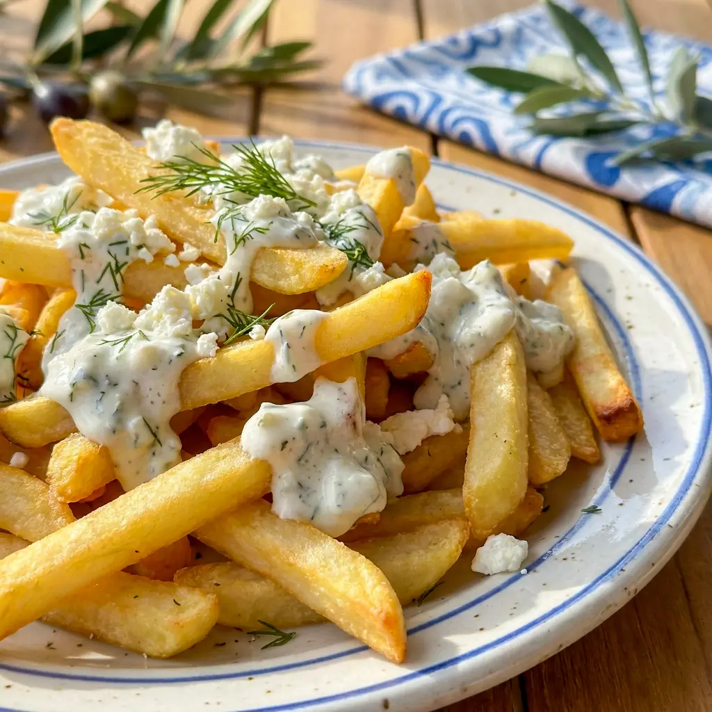Greek Fries with Feta Cheese finished with fresh dill and parsley for one of the best Feta Snack Ideas on a platter.