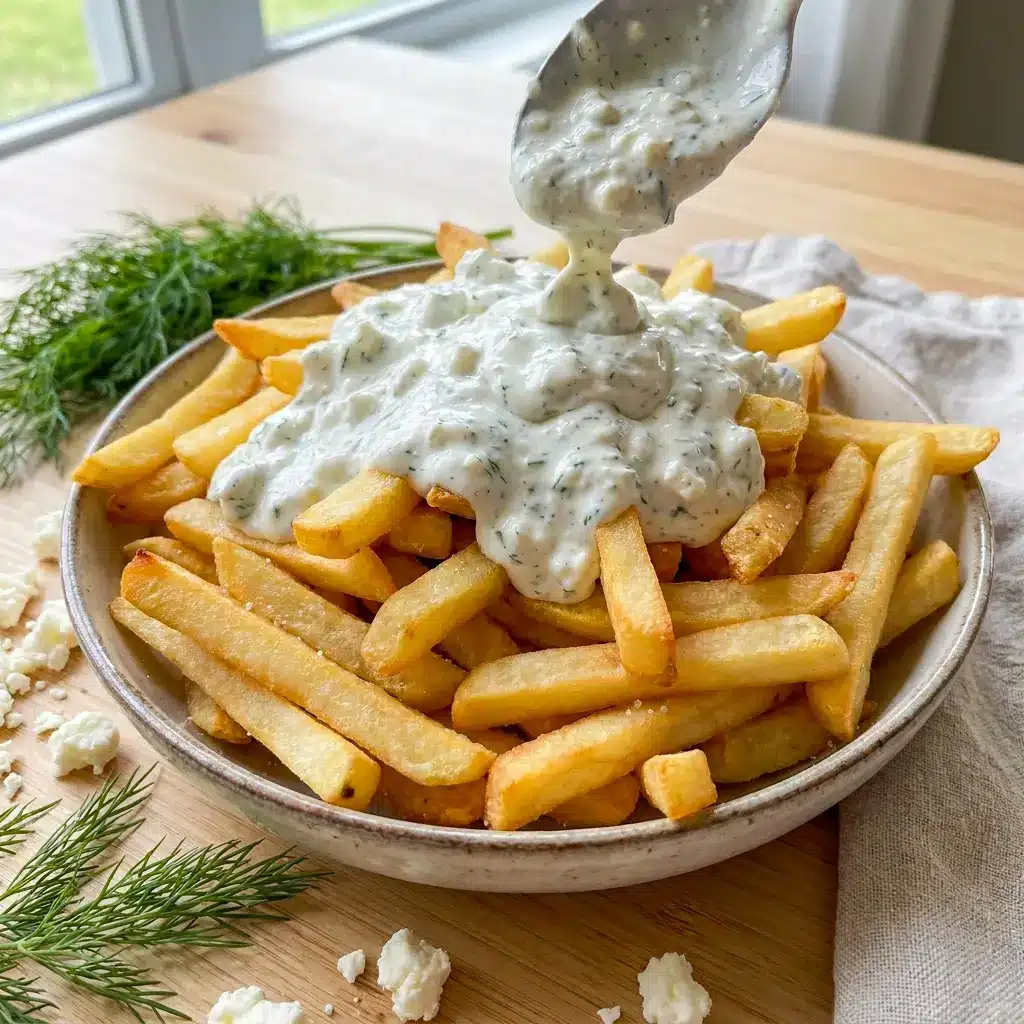 Greek Fries with Feta Cheese drizzled with creamy sauce and ideal for Feta Cheese Snacks or a casual Greek-style meal.