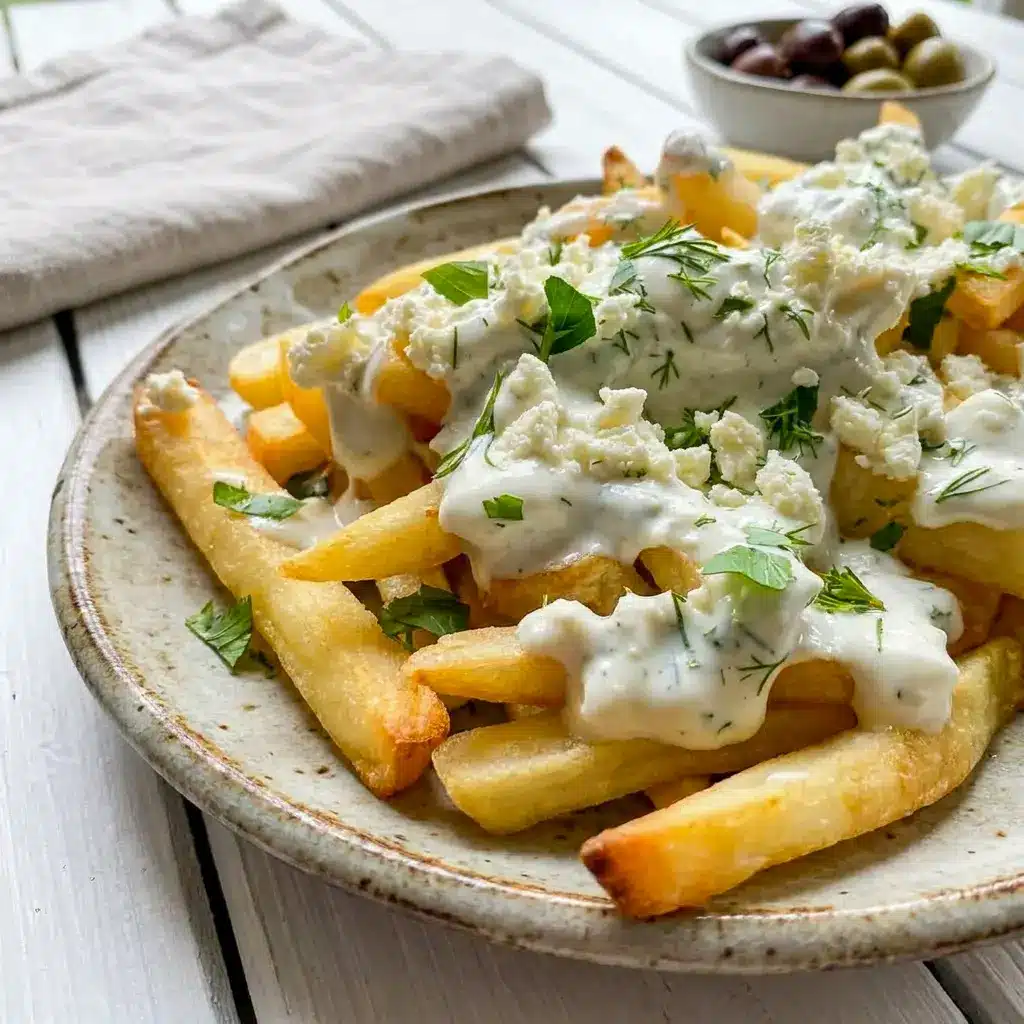 Greek Fries with Feta Cheese piled high with crispy potatoes and a creamy Greek Feta Cheese Recipes style topping.