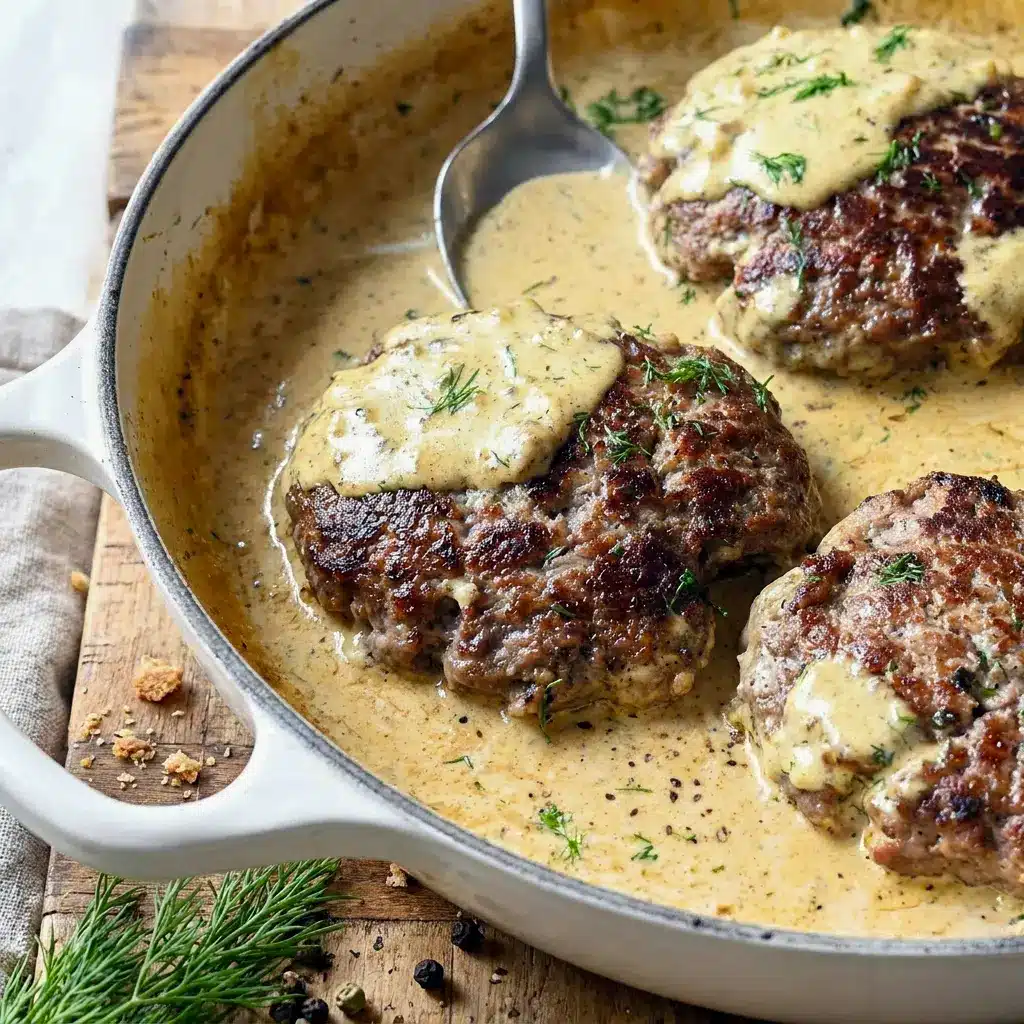 A plated serving of Hamburger Steaks in Creamy Dill Sauce with mashed potatoes, perfect for Dinner Recipes With Dill and comfort food lovers.