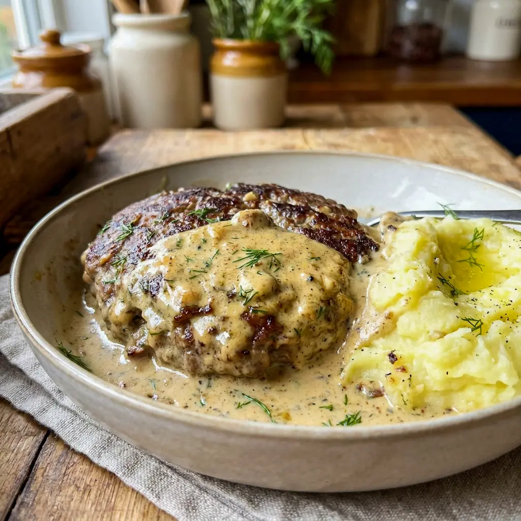Juicy Hamburger Steaks in Creamy Dill Sauce in a rustic bowl, styled as one of the best Meals With Dill for family dinner.