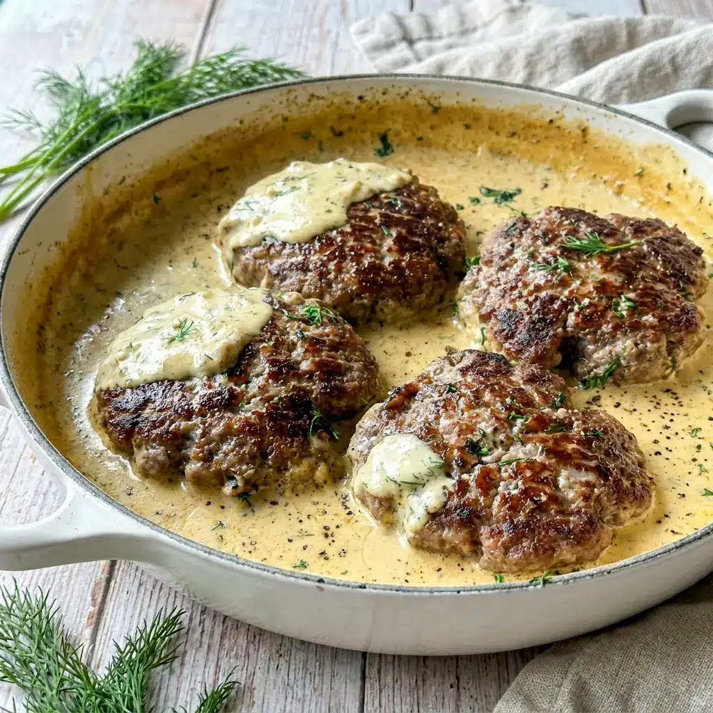 Golden seared Hamburger Steaks in Creamy Dill Sauce in a cast iron pan, featured as Hamburgers In Sauce for a hearty dinner idea.