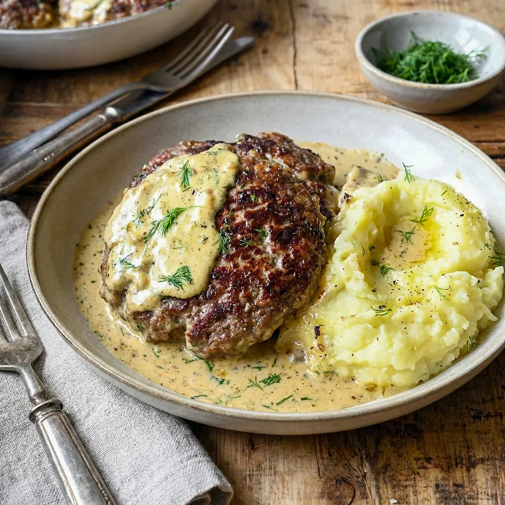A rich dinner plate of Hamburger Steaks in Creamy Dill Sauce with herbs, inspired by Hamburger Steak Dinner Ideas and cozy meals.