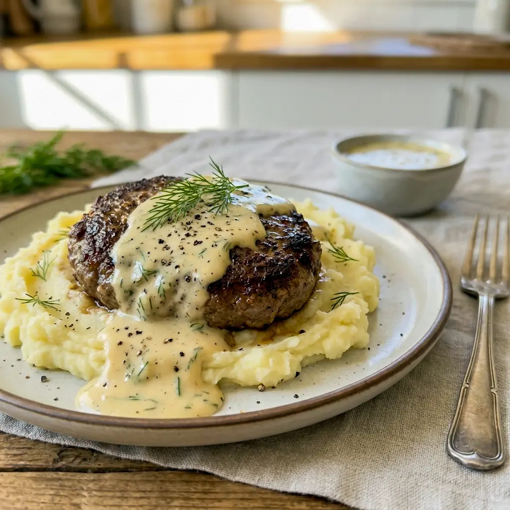A cozy skillet of Hamburger Steaks in Creamy Dill Sauce served as Dinner With Hamburger Patties for an easy weeknight meal.