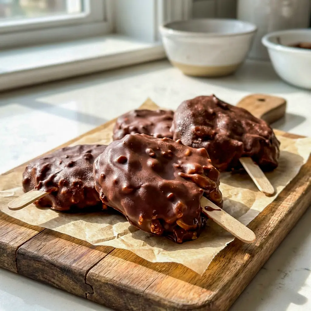Close-up of Copycat Dairy Queen Buster Bars inspired by Reeses Peanut Butter Ice Cream Bars with a rich frozen center and glossy chocolate coating.