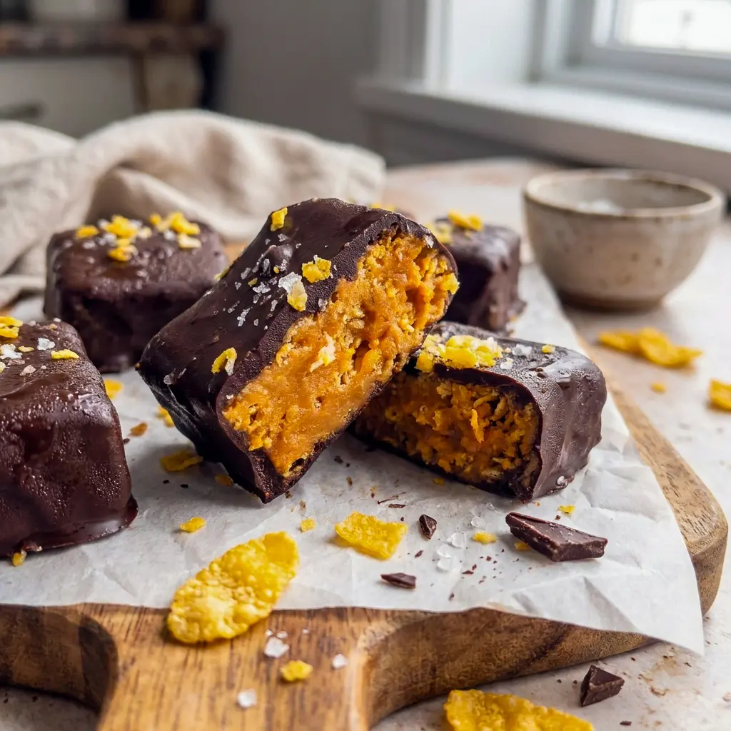 A stack of Healthy Homemade Butterfingers in a freezer-safe container, a fun Healthy Homemade Candy recipe for later.