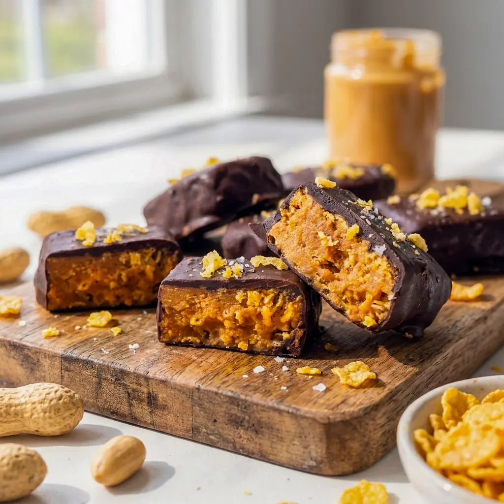 Healthy Homemade Butterfingers on a parchment-lined tray, a crunchy Homemade Organic Snacks treat with a chocolate coating.
