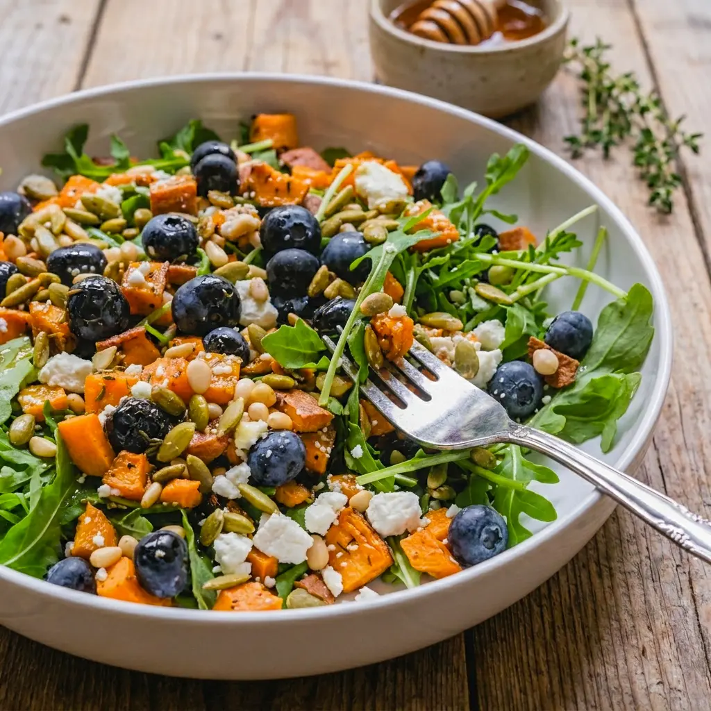 A delicious Honey Sweet Potato Summer Salad with roasted sweet potatoes, juicy berries, and crunchy seeds inspired by Summer Sweet Potato Recipes.