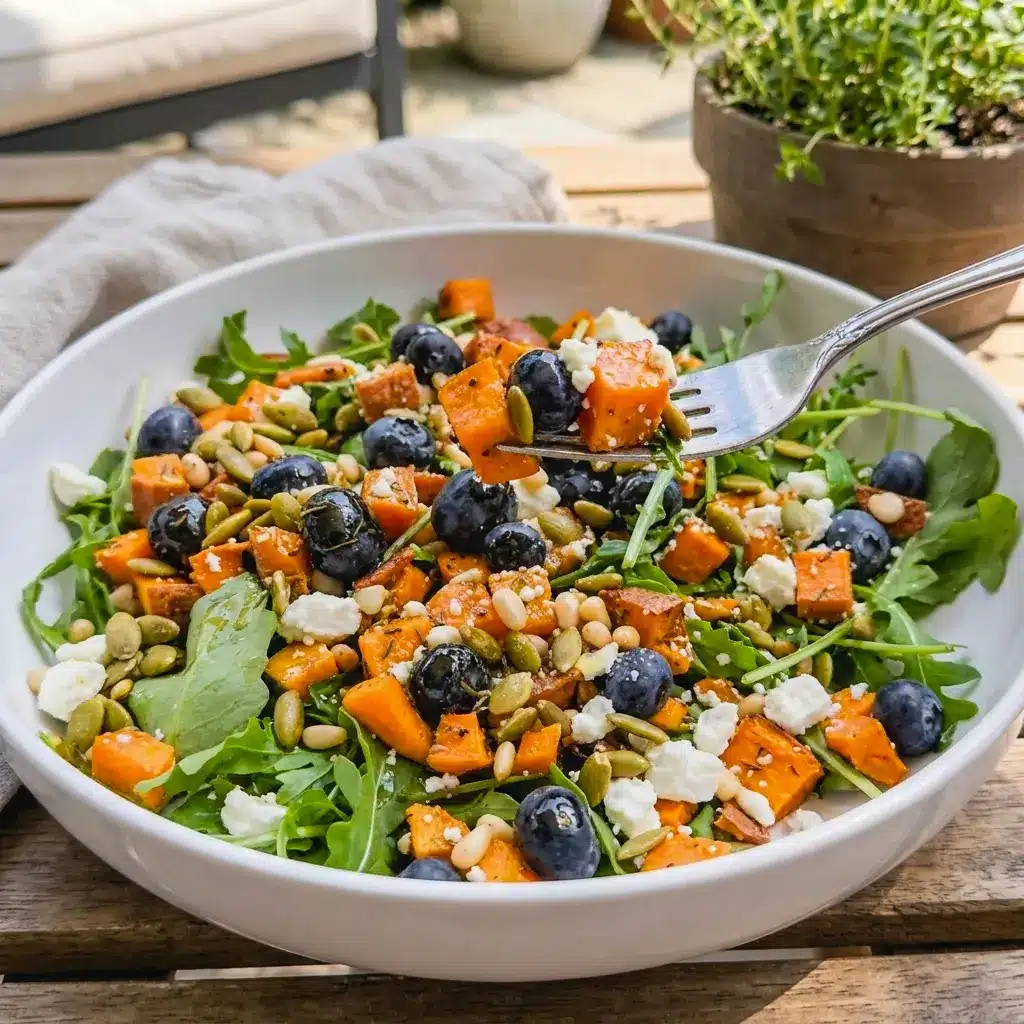 A wholesome Honey Sweet Potato Summer Salad layered with arugula, goat cheese, and honey vinaigrette for easy Sweet Potato Summer Recipes.