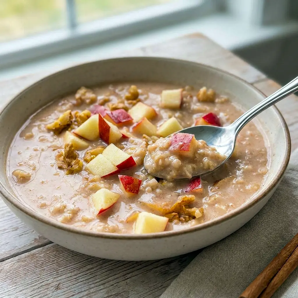 Close-up of Instant Pot Apple Cinnamon Oatmeal with sliced apples and oats, a comforting Apple Cinnamon Oatmeal Instant Pot recipe.