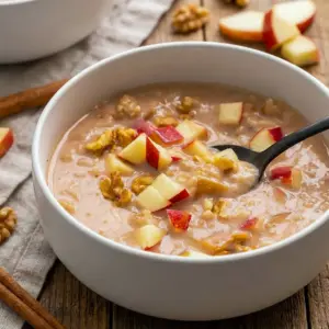 Warm bowl of Instant Pot Apple Cinnamon Oatmeal topped with apples and cinnamon, an easy Instant Pot Apple Oatmeal Recipes breakfast.