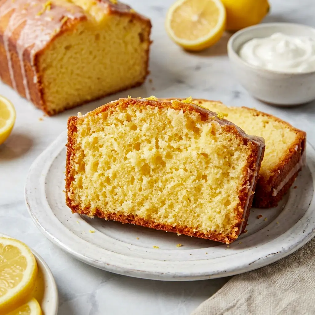 Greek Yogurt Lemon Loaf Cake served on a white plate with soft glaze drizzle, perfect for Easy Lemon Loaf inspiration.