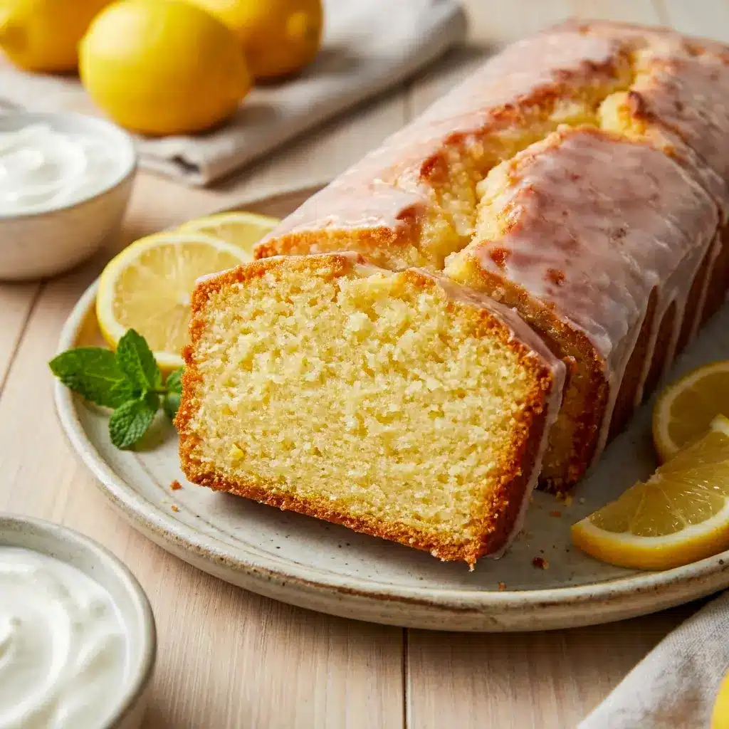 Greek Yogurt Lemon Loaf Cake in a cozy kitchen scene, highlighting Baking With Greek Yogurt for a moist, simple bake.