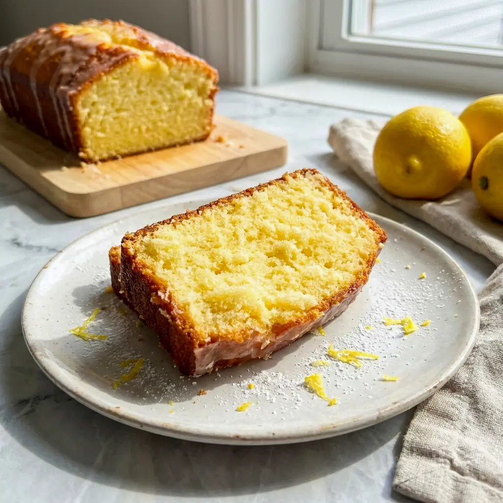Greek Yogurt Lemon Loaf Cake with powdered sugar and lemon zest on top, a beautiful choice for Cake Recipes Healthy.
