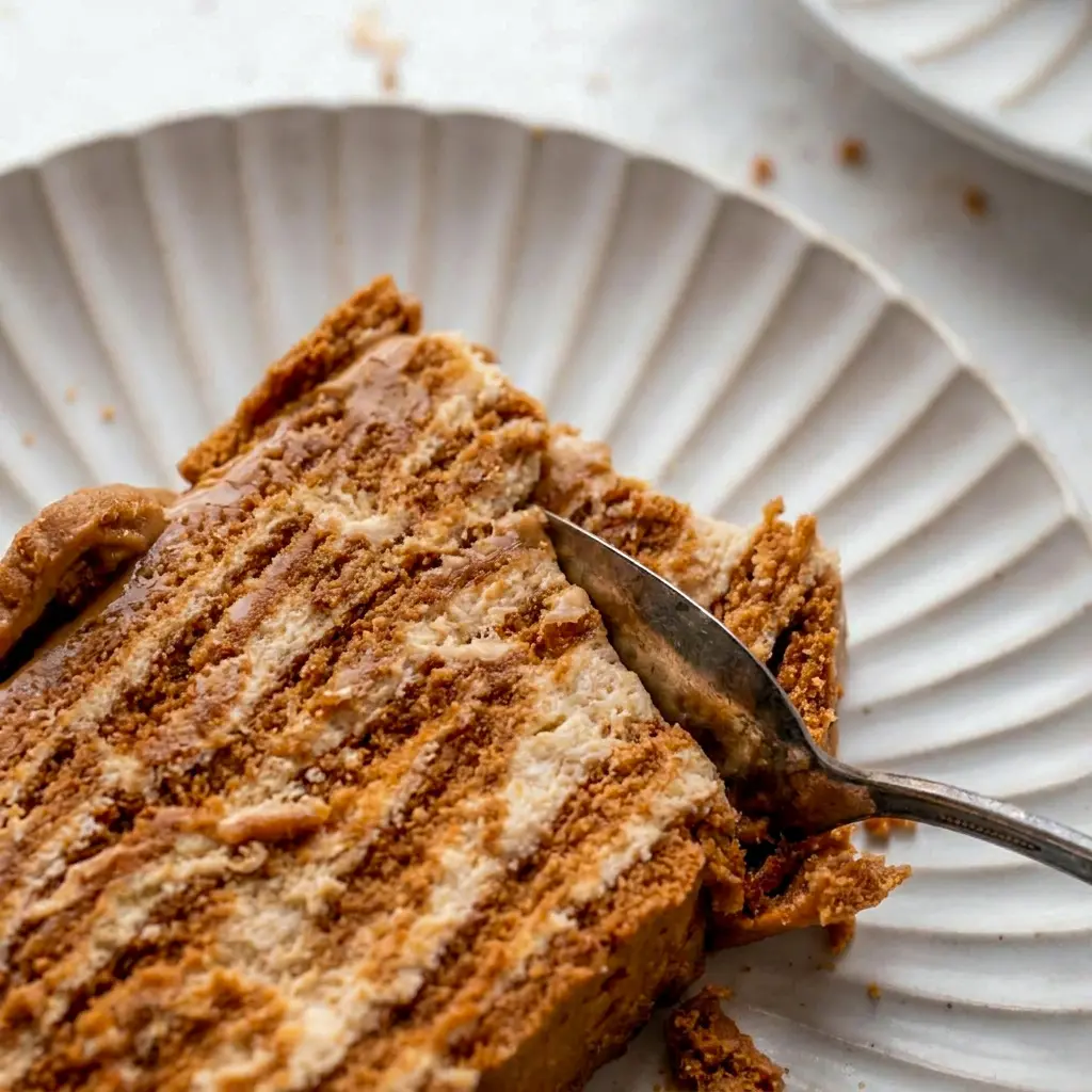 A chilled loaf of No-Bake Cookie Butter Icebox Cake finished with crumbs, perfect for a No Bake Biscoff Icebox Cake inspired treat.