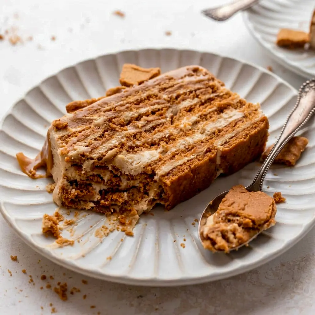 A rich layered dessert of No-Bake Cookie Butter Icebox Cake that looks just like a classic Biscoff Icebox Cake served cold.