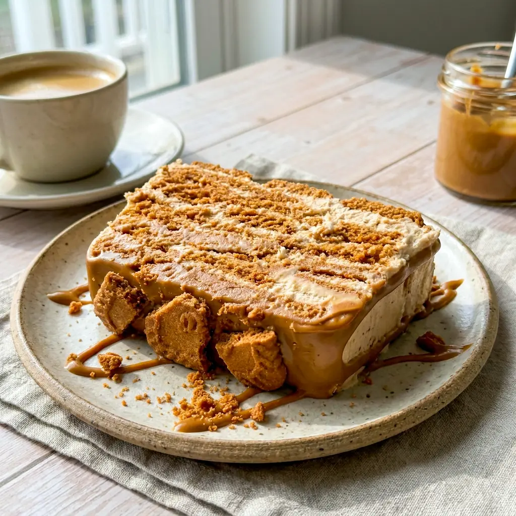A beautiful slice of No-Bake Cookie Butter Icebox Cake with whipped cream layers for an elegant Biscoff Cookie Icebox Cake presentation.