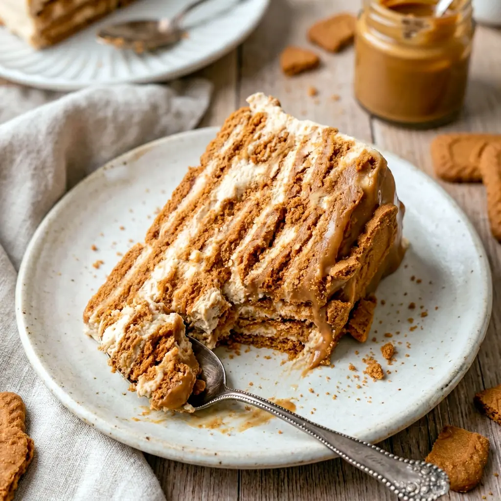 A make-ahead dessert tray of No-Bake Cookie Butter Icebox Cake topped with cookie butter drizzle for a decadent Mascarpone Biscoff Icebox Cake finish.