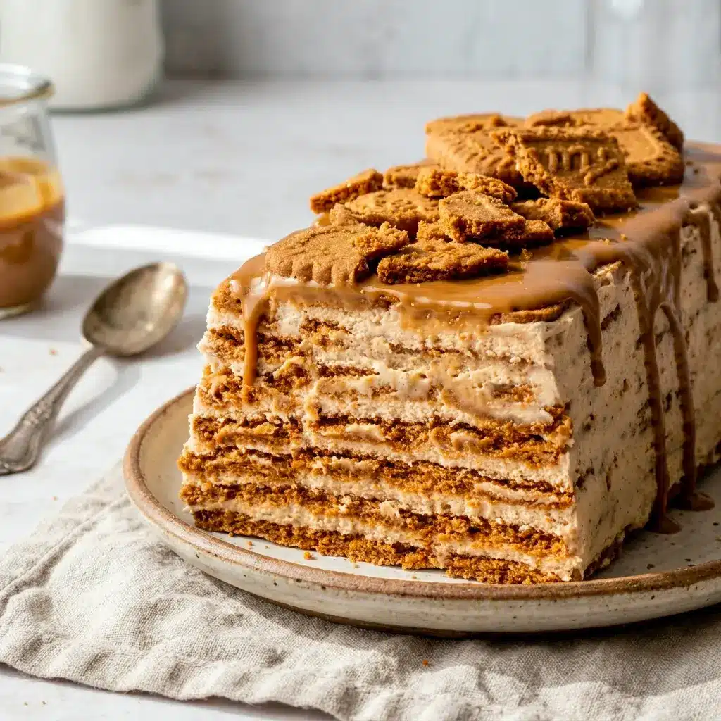 A creamy dessert slice of No-Bake Cookie Butter Icebox Cake with a dreamy Biscoff Icebox Cake No Bake look and cozy layered texture.