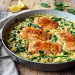 A cozy skillet dinner featuring One Skillet Salmon with Lemon Orzo, perfect for Elevated Comfort Food on a busy night.