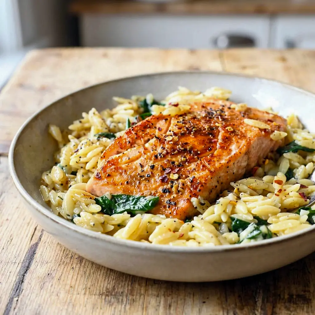 Creamy salmon and lemon orzo in one pan, making One Skillet Salmon with Lemon Orzo ideal for Summer Dinner Recipes Salmon.