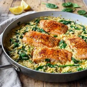 A cozy skillet dinner featuring One Skillet Salmon with Lemon Orzo, perfect for Elevated Comfort Food on a busy night.