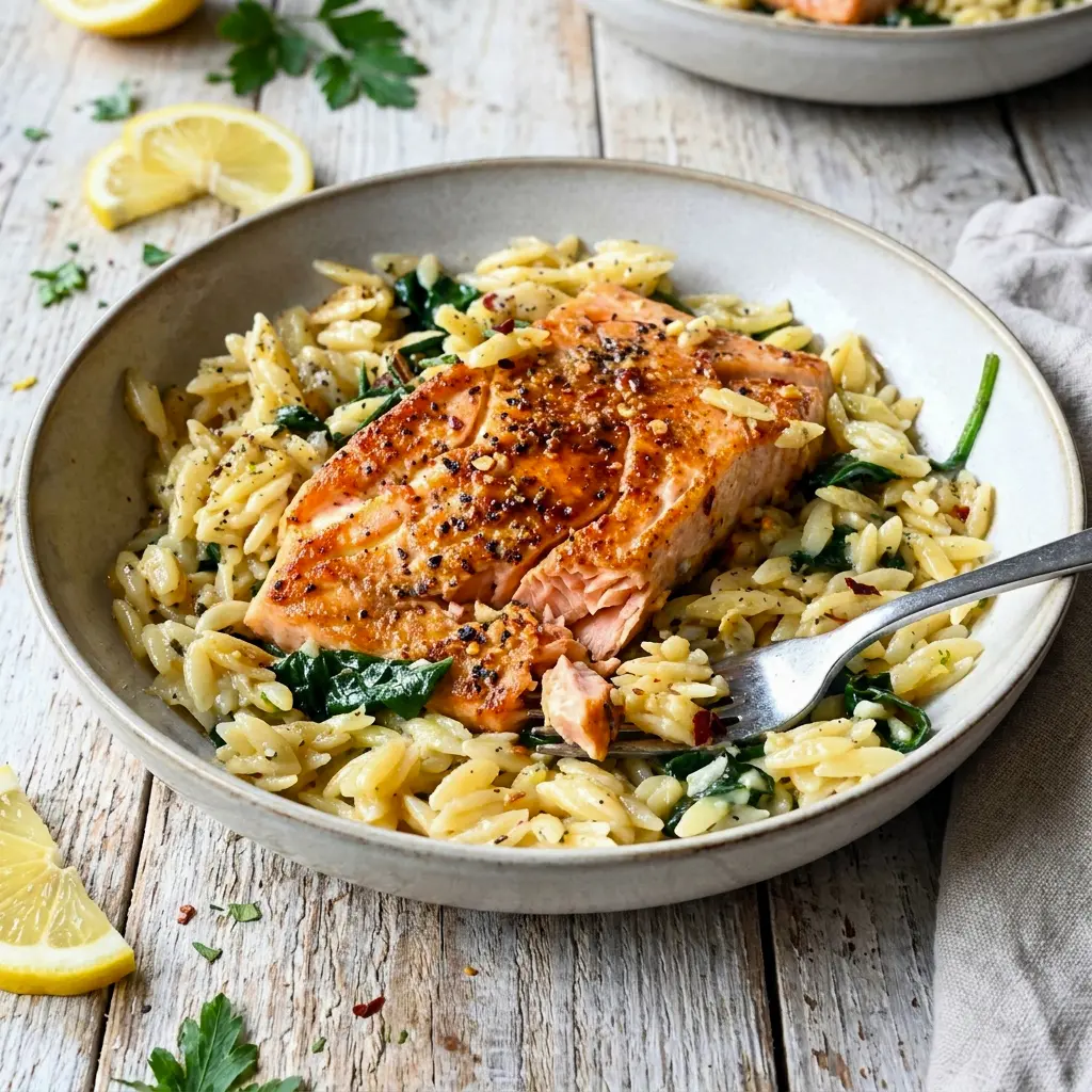 Fresh salmon over silky orzo, showing how One Skillet Salmon with Lemon Orzo fits One Pot Salmon Recipes beautifully.