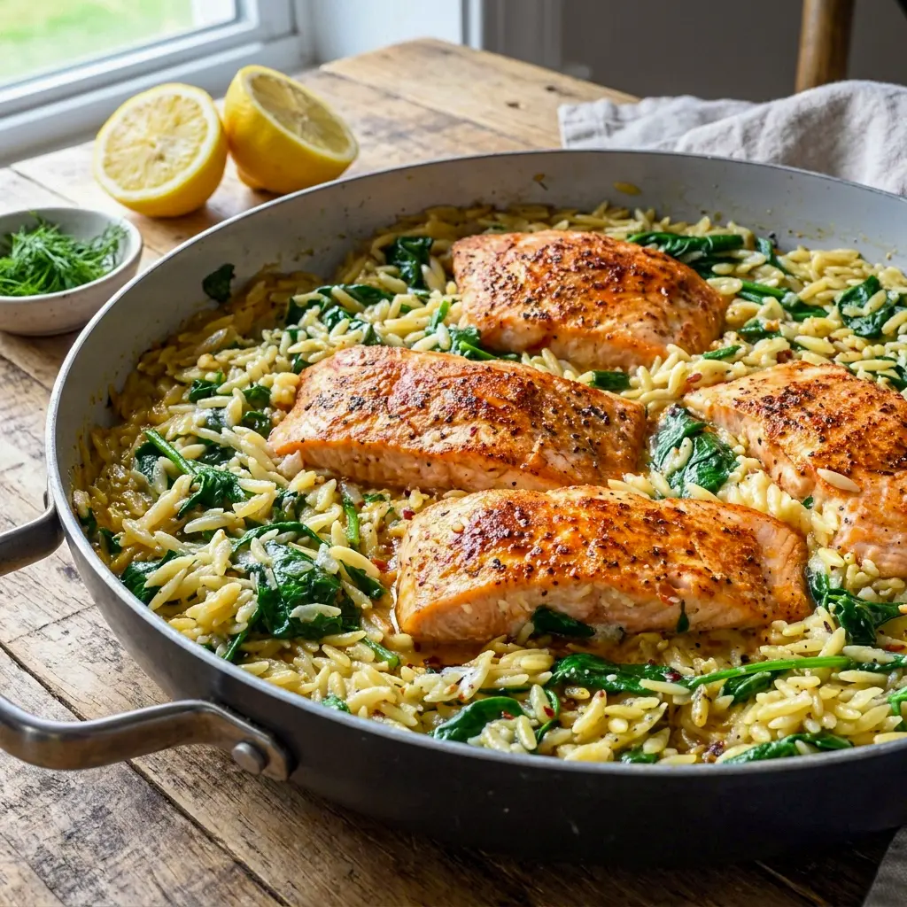 Warm and comforting One Skillet Salmon with Lemon Orzo with spinach and Parmesan, a tasty choice for Winter Salmon Recipes.