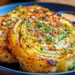 Oven Roasted Cabbage Steaks on a baking sheet with crispy golden edges, a simple Cabbage Steaks Recipe for easy dinners.
