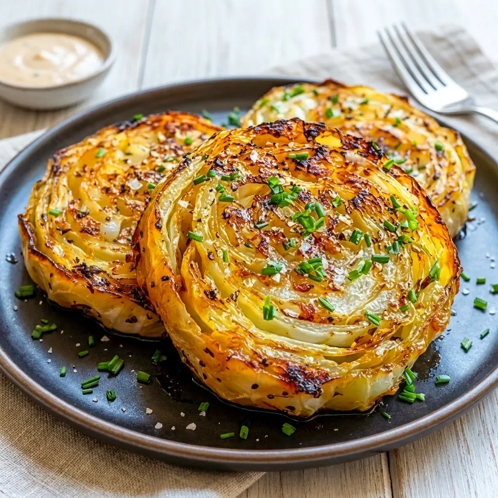 A close-up of Oven Roasted Cabbage Steaks brushed with seasoning, one of the best Easy Cabbage Recipes for a healthy side.