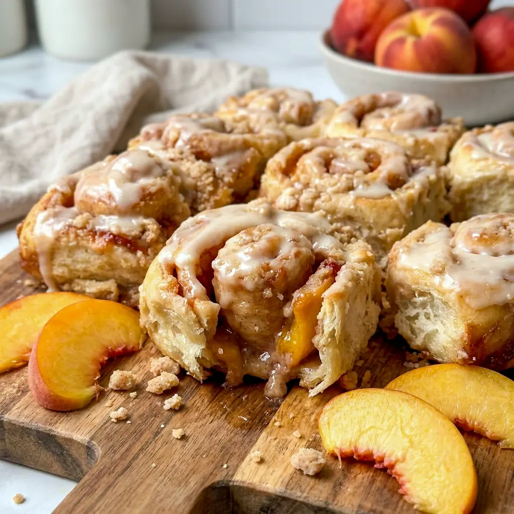 Peach Cobbler Cinnamon Rolls filled with juicy peach jam, one of the best Baked Goods With Peaches for a sweet breakfast treat.